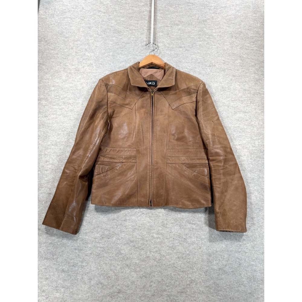 Niko Vintage Brown Leather Full Zip Jacket Womens 42 Long Sleeve Pockets 13/810